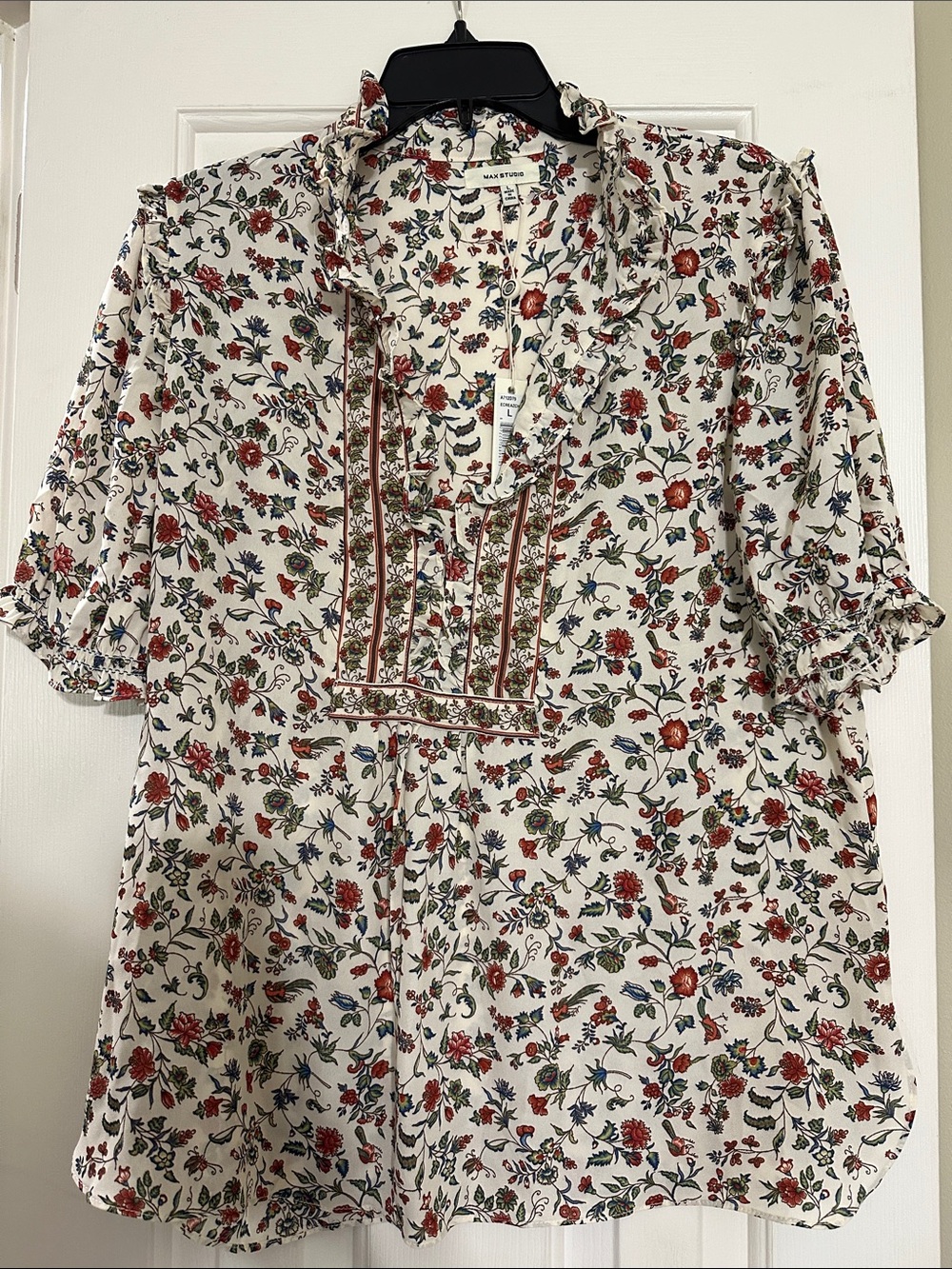 Max Studio Floral Ruffled Button-Front Blouse in Cream with Red & Blue Print